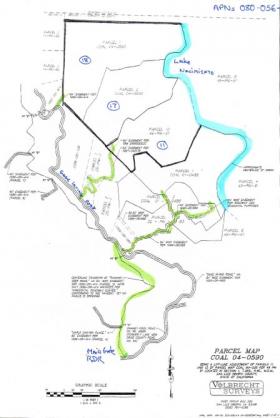 Map Of Ranch Showing Lake Frontage (Turquoise) & Road Easements Into Property From Running Deer Ranch (Green)